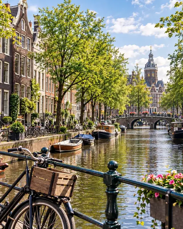 Amsterdam canal with historic houses, bicycles, boats and flowers in the Netherlands