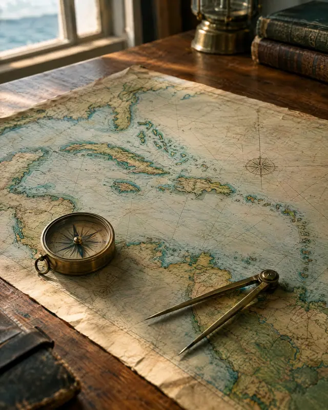 Antique chart of the Caribbean with compass and dividers