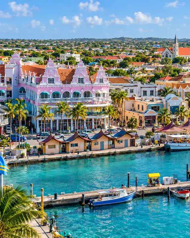 Oranjestad waterfront and marina with colorful historic buildings in Aruba